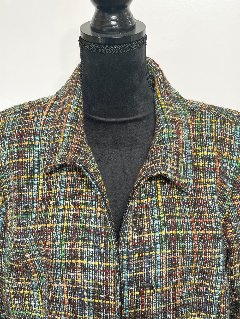 Fabulous Array of Colorful Fabric on a Tweed Zip-Front Jacket XL